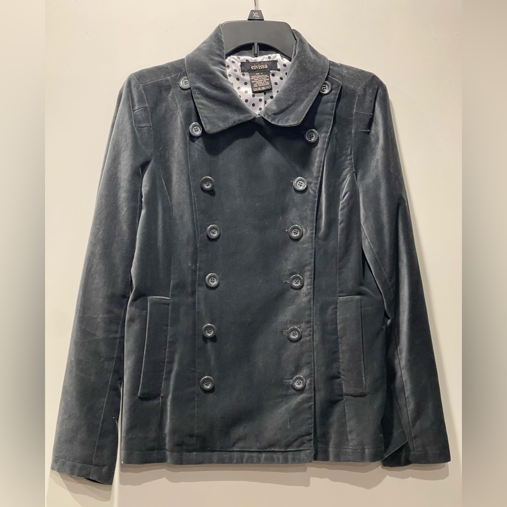 Eivissa Velvet Pea Coat Jacket Gray Double Breasted Polka Dot Lining Sz S